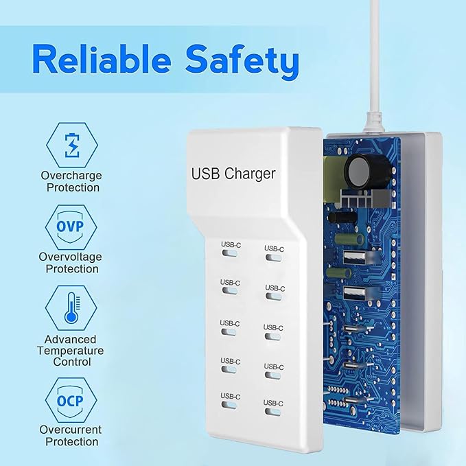USB C Charger, 10 Ports USB Charging Station, 50W Multi-Port USBC Charger, USBC Desktop Multiple Charger for iPhone 16/15/14/13/12/iPad/Samsung S24/S23/Ultra/Z Flod/Watch/Headphones