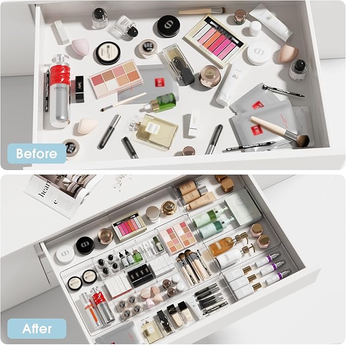 Expandable Drawer Organizer, Width (10.6"-20.1") Depth (11"-20.1"), Clear Makeup Drawer Organizer with 6 Removable Dividers, Silverware Organizer, Great for kitchen and Bathroom Drawers