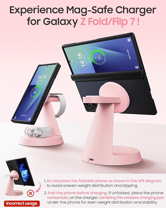 Magnetic Wireless Charger for Samsung, 3 in 1 Charging Station Compatible with MagSafe Samsung Charger for Galaxy S26 Ultra S25 Z Fold7/Flip7, Watch Charger Stand for Galaxy Watch Ultra 8 7, Pink