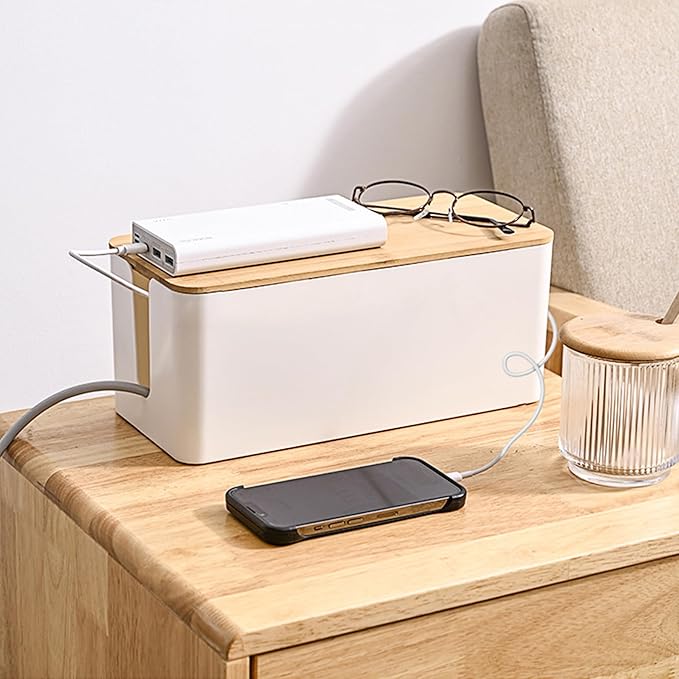 Cable Management Box,Wooden Style Large Cable Organizer Box for Office and Home,Cable Organizer Box with Proof Lock for Baby-Pets,Wood Lid（White,1 Pack
