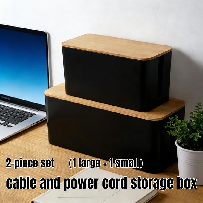 1 Large + 1 Small Cable Management Box Set – 2-Piece Cord Organizer Box, Home Office Desk Wire Storage & Cable Management Solution (Bamboo Lid/Black)