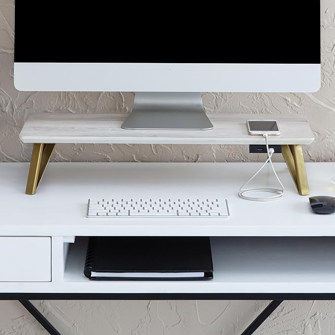 Anji Mountain Monitor Stand - Desktop Organizer & Laptop Riser, Ergonomic Monitor Riser, Space-Saving Monitor Stand for Desk, Durable Construction, Easy Assembly, Ideal for Home & Office,White Wash