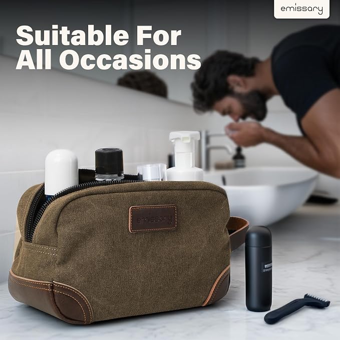 emissary Men's Canvas Travel Toiletry Bag, Leather Dopp Kit - Brown | Durable canvas & PU leather, water-resistant lining, side handle; roomy men's Dopp kit for travel & gym