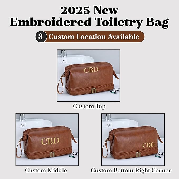 Personalized Leather Toiletry Bag for Men, Embroidered Custom Initials, Men's Travel Accessories, Gifts for Dad, Grandpa, Husband, Groomsmen, Father's Day Birthday Gifts (Style 6)