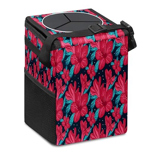 Car Trash Can With Lid - Red Flower Auto Garbage Bag, Leak-Proof Storage Bag, Hanging Headrest Bin, Collapsible and Portable With Storage Mesh Pocket