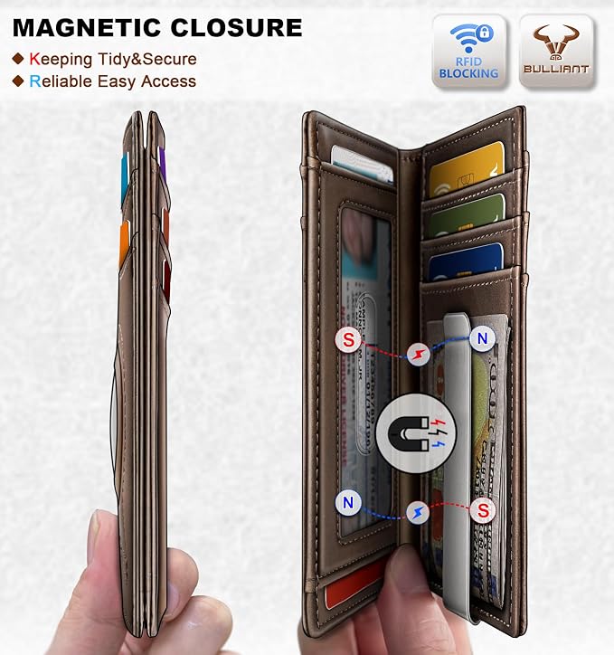 BULLIANT Men Airtag Wallet,Slim Wallet Money Clip Card Holder Magnetic Closure 12 Cards in Front Pocket RFID Blocking
