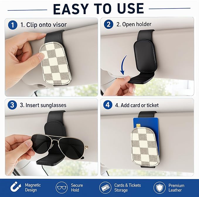 Leather Magnetic Sunglass Holder for Car Sun Visor, Cute Eyeglass Ticket Card Hanger Clip, Universal Auto Interior Accessories for SUV Pickup Truck, Beige Checkered