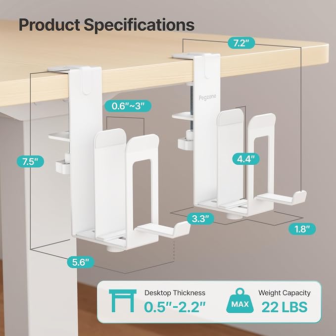 PEGZONE Laptop Stand Vertical, 2-Slot Under Desk Laptop Holder, White | Desk Side Storage with Headphone Holder, Laptop Organizer for Office Gaming