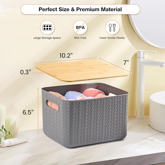 Ohmlove 4 Packs Storage Bins with Bamboo Lids - Plastic Storage Containers with Lids Stackable Storage Box：Storage Baskets for Organizing Desktop Closet Playroom Classroom Office,Gray