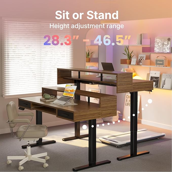 HUANUO 48″ x 26″ Electric Standing Desk with 2 Drawers &24.4″ Large Keyboard Tray, C-Clamp Mount Compatible, Adjustable Computer Desk for Office, Sit Stand Up Desk with 4 Height Presets, Deep Walnut