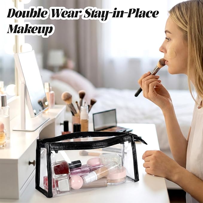 3pcs Clear Travel Toiletry Bag Clear Plastic Zipper Pouches Waterproof PVC for Travel Makeup Cosmetics Organizer, Black Small Transparent Storage Bag for Office Vacation Beach Home