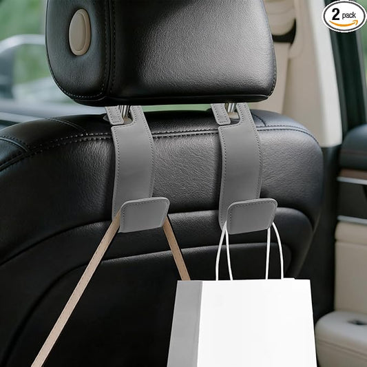 2PCS Car Seat Headrest Hooks, Purse Hook for Car, Automotive Headrest Handbags Holder, Auto Accessories Leather Seatback Organizer Hanger for Hanging Purses Bags Coats (Gray, 2PCS)