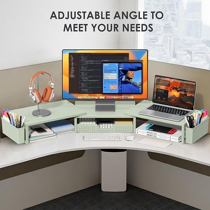 OPNICE Desk Organizers and Accessories, Dual Monitor Stand Riser with Drawer and 2 Pen Holders, Desk Shelf Metal Computer Monitor Stand for Office Workspace Organizers, Desktop Organization (Green Metal)