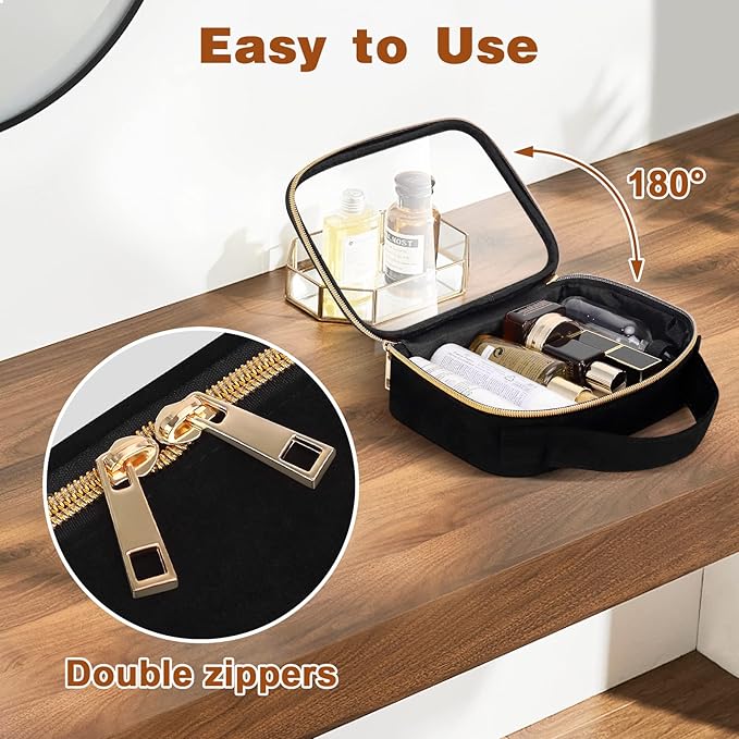 Wedama Clear Toiletry Bag, 2 Pack Clear Makeup Bags with Handles, PVC Cosmetic Bags for Women and Men, Large Opening Toiletry Bags, Black
