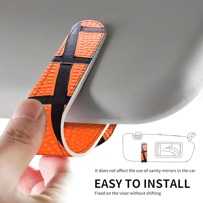 Leather Magnetic Sunglass Holder for Car Sun Visor, Cute Eyeglass Ticket Card Hanger Clip, Universal Auto Interior Accessories for SUV Pickup Truck Basketball Texture