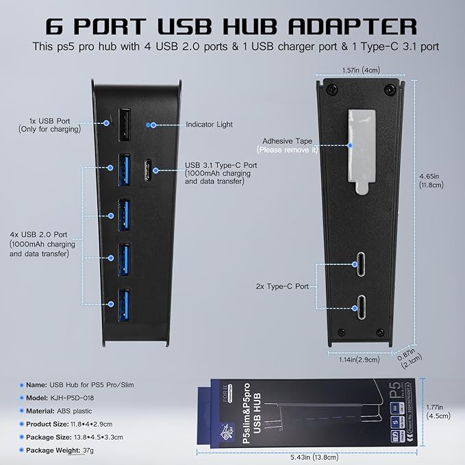 6 Port USB Hub for PS5 Pro & PS5 Slim Console Disc/Digital, High-Speed Extra USB Ports for PS5 Slim Pro Accessories, PS5 Hub Charger Splitter Adapter with 4 USB 2.0 + 1 USB Charging Port +1 Type C 3.0