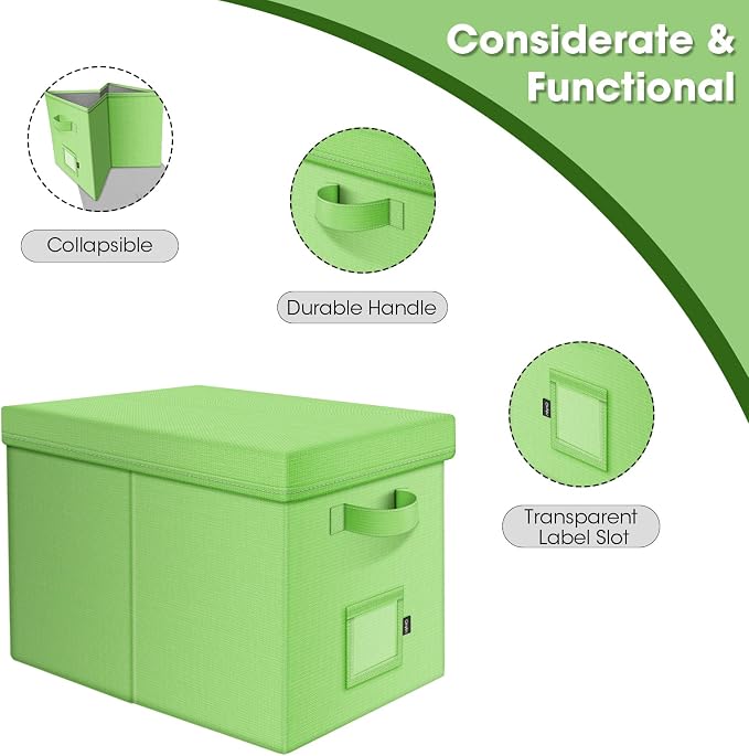 File Organizer Box with Lid, Linen Hanging File Storage Box with Handle, Collapsible Document Filling Box for Letter/Legal Folder, Portable File Box for Office/Decor/Home (1 Pack, Green)