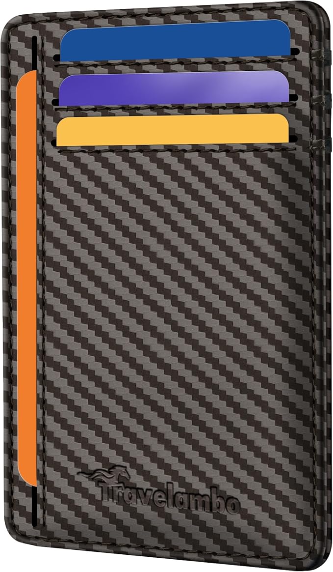 Travelambo Front Pocket Minimalist Leather Slim Wallet RFID Blocking Carbon Fiber Texture