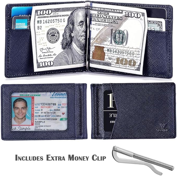 YBONNE Mens Slim Wallet with Money Clip Front Pocket RFID Blocking Thin Bifold Leather Card Holder Minimalist Mini Billfold