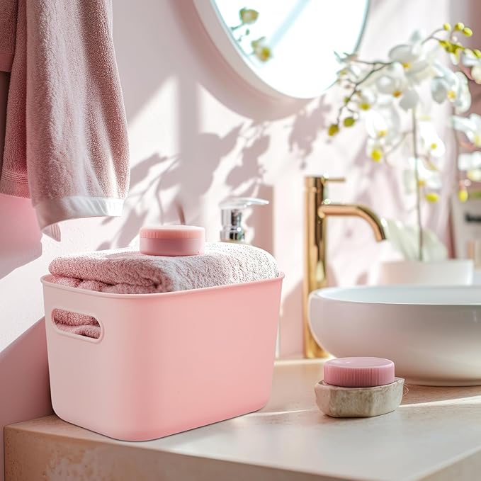 Hoolerry 8 Pieces Colorful Storage Bins with Lid, Plastic Storage Basket Organizing Container Stackable Box with Handle for Shelves Desktop Playroom Office(9.8 x 7.1 x 6.3 Inch,White and Pink)