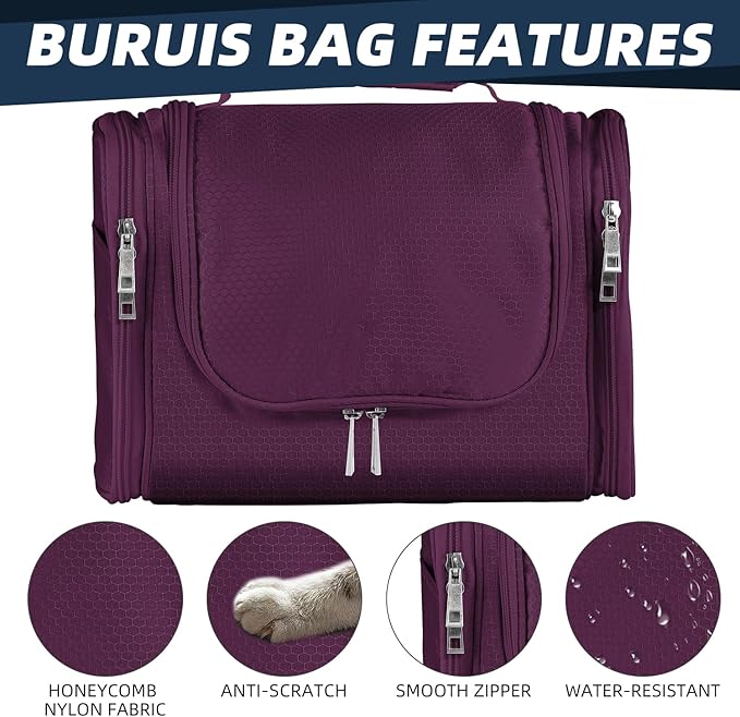 Buruis Hanging Toiletry Bag for Women and Men, Large Water-Resistant Makeup Organizer with Sturdy Hook, Lightweight Nylon Dopp Kit for Full-Sized Toiletries & Cosmetics, Purple