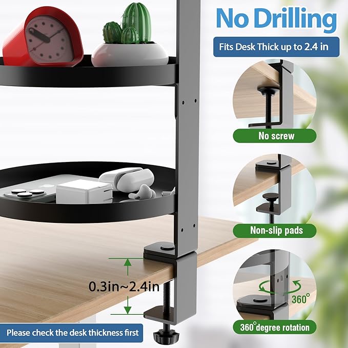 Swivel Clamp On Desk Shelf with 9.8in Adjustable Metal Storage Tray Above or Under Desk Storage 3-Tier Desk Extension Shelving Unit No Drilling Desktop Shelves for Max Desktop Thickness 2.4in
