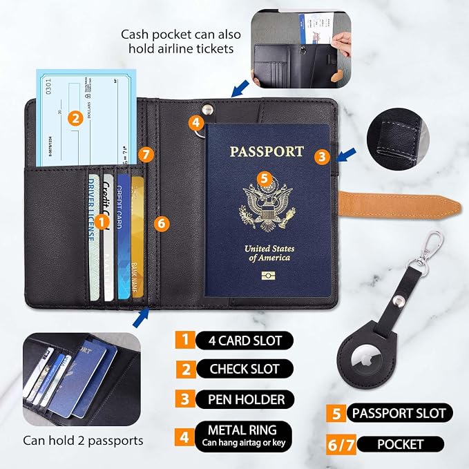 Passport wallets, Mulit-purpose RFID Blocking Passport Holder AirTag Wallet, Travel Wallet（Black）