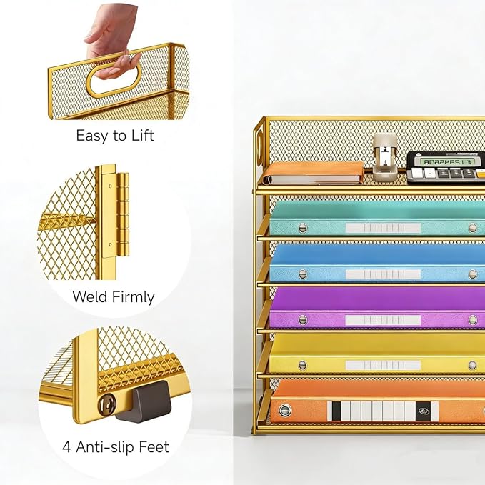 6 Tiers Letter Tray Paper Organizer with Handle, Mesh Desk File Organizer, Metal Desktop Document Shelf Organization, Paper Sorter Organizer for Office, Home or School File Folder Holder (Gold)