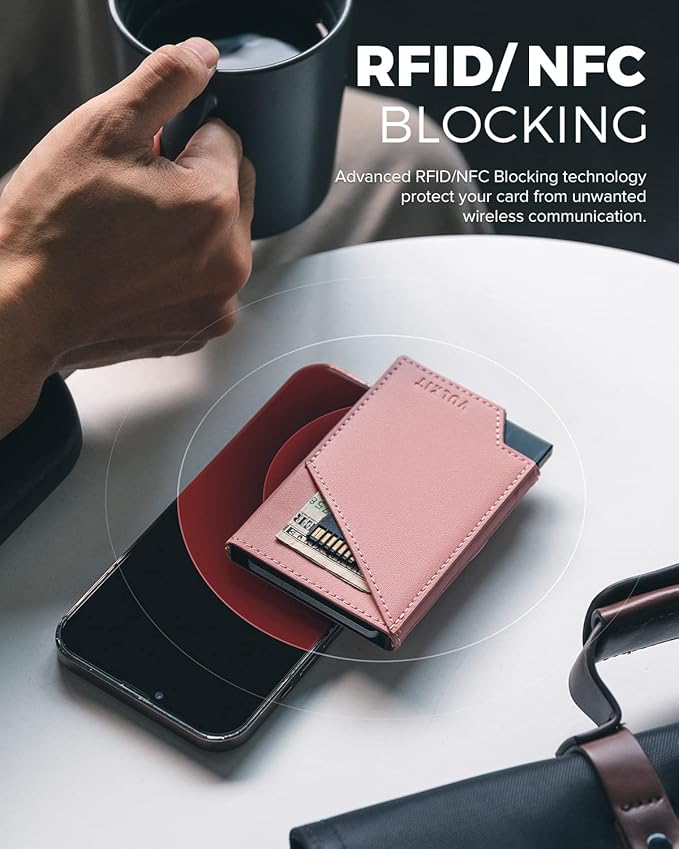VULKIT Pop up Card Wallet RFID Blocking Slim Aluminum Metal Bank Card Holder Case with Business Money Pocket for Credit Cards Notes and Coins (Pink)