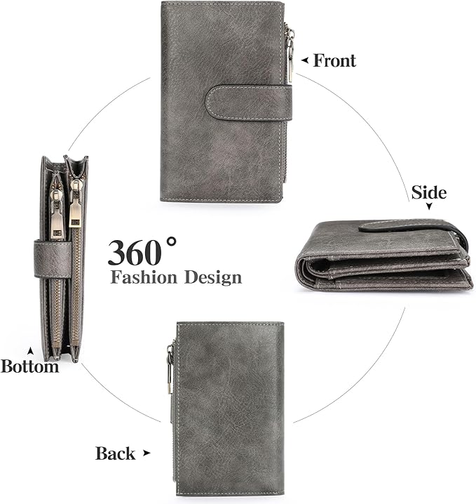 GOIACII Womens Wallets RFID Blocking Leather Trifold Clutch Wallet Credit Card Holder Ladies Purse 3 ID Windows Grey