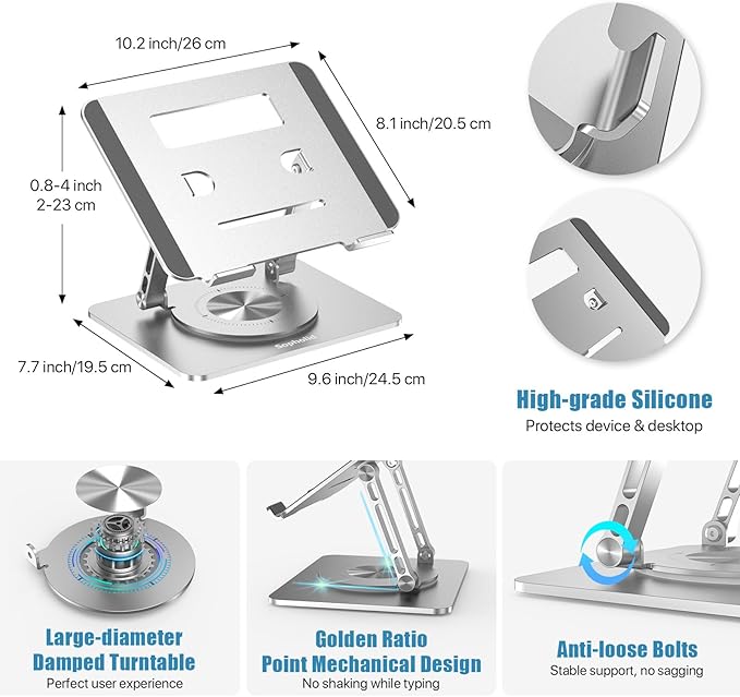 Laptop Stand for Desk, Adjustable Height & Angle Portable Aluminum Laptop Riser & Monitor Stand with 360° Swivel, Foldable Ergonomic Computer Stand for 10-17 Inch Laptops (MacBook/Dell/HP), Silver.