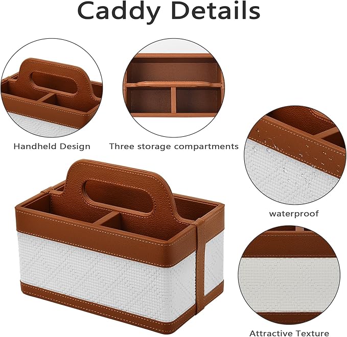 Desk Organizer Caddy with Handle-Portable PU Leather Remote Control Holder-Nightstand Dresser Tote Storage for Sunglasses,Comb,Small iPad,Pen,Heater Controllers,Cosmetics and Office Supplies