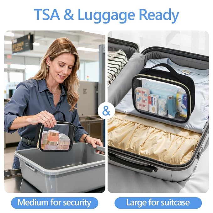 PACKISM Clear Makeup Bag Combo Pack, 1 TSA Approved Medium & Large for Checked Luggage, Clear Toiletry Bag with Handle, Water-resistant Travel Essentials Organizer, Black