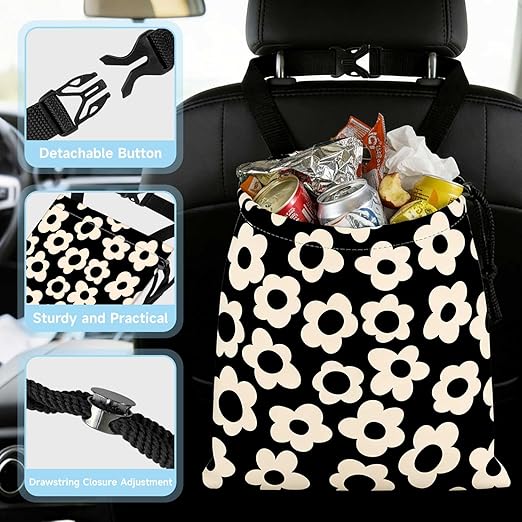 Black Flower Car Trash Bag - Waterproof Car Trash Bag Hanging Leakproof Car Garbage Bag - Washable Reusable Trash Bag for Car Interior Hanging Organizer Storage Vehicle Travelling Camping