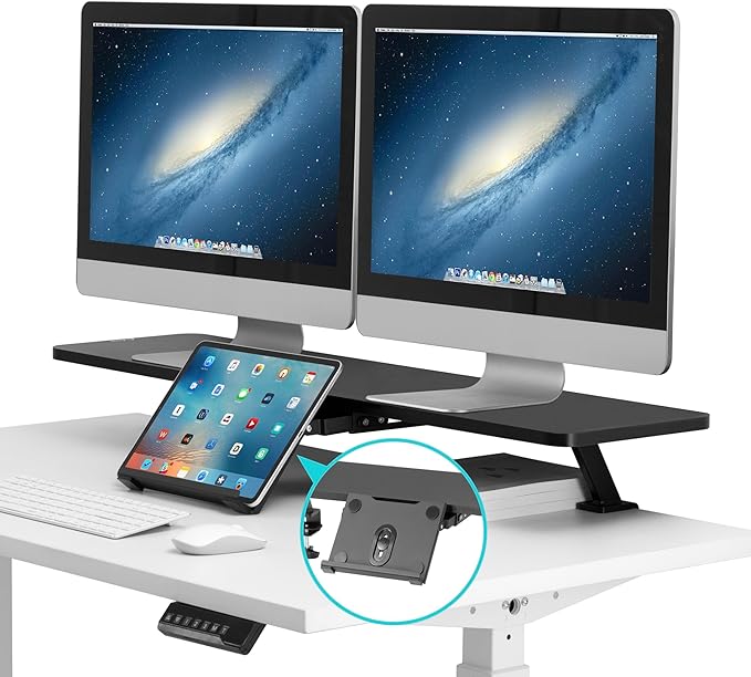 AVLT Clamp Desk Shelf Dual 32" Monitor Clamp-On Monitor Riser With Slide Out Holder For Convertible Laptop Tablet Smartphone (Black) - Floating Monitor Stand (Shelf Only)