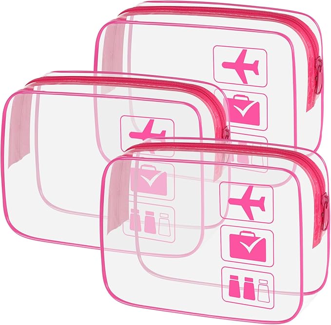 sogiv 3Pcs TSA Approved Toiletry Bag, Clear Travel Toiletry Bag, Clear Makeup Bag, Waterproof Travel Makeup Cosmetic Bag, Carry On Airport Airline Quart Size Travel Bag for Women Men (Pink)