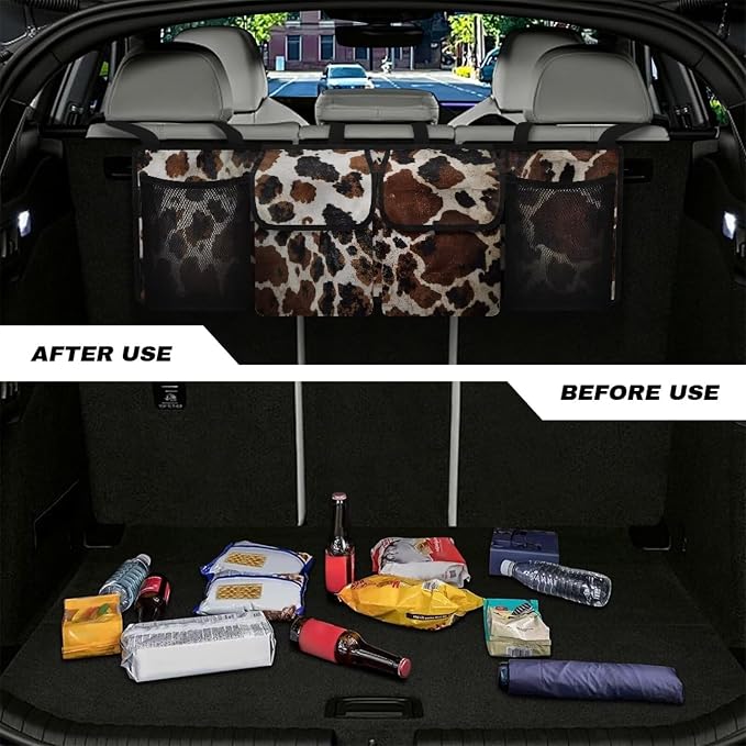 Cow Car Trunk Organizer and Storage, Backseat Hanging Organizer for SUV, Truck, MPV, Waterproof, Collapsible Cargo Storage Bag with 4 Pockets