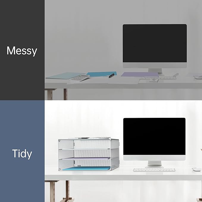 DALTACK 3 Tier Letter Tray Paper Organizer for Desk, Mesh Metal Desk File Organizer with Sliding Trays for Letter/A4 Paper, Mail, Bills & Folders, 2 Pack, White