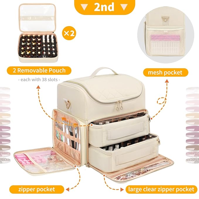 CUBETASTIC Extra Large Nail Polish Organizer Case Holds 86 to 100+ Bottles Nail Polish & Nail Lamp, Nail Supplies Storage Carrying Bag with 2 Removable Pouches