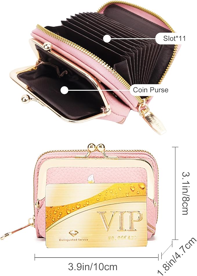 Women's Pebble Leather Wallet, 2-in-1 Zip-Around Credit Card Holder with Kiss Lock Coin Purse, Cute Change Purse with Secure Clasp & Card Slots (Pink, Small)