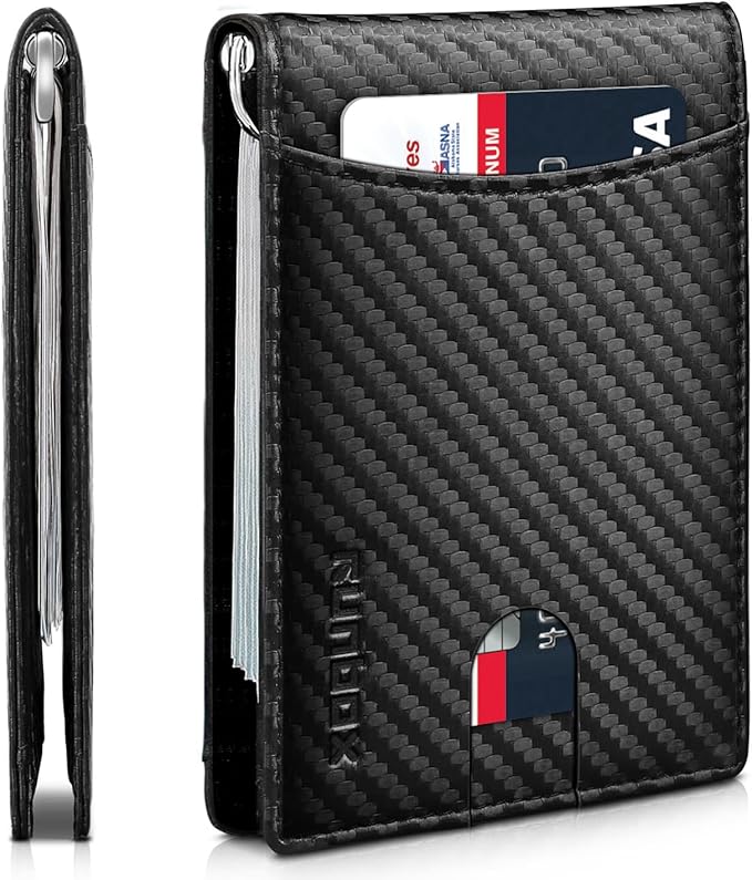 RUNBOX Genuine Leather Slim Wallet for Men RFID Blocking Bifold Minimalist Front Pocket Mens Wallet with Money Clip Thin Gift Box