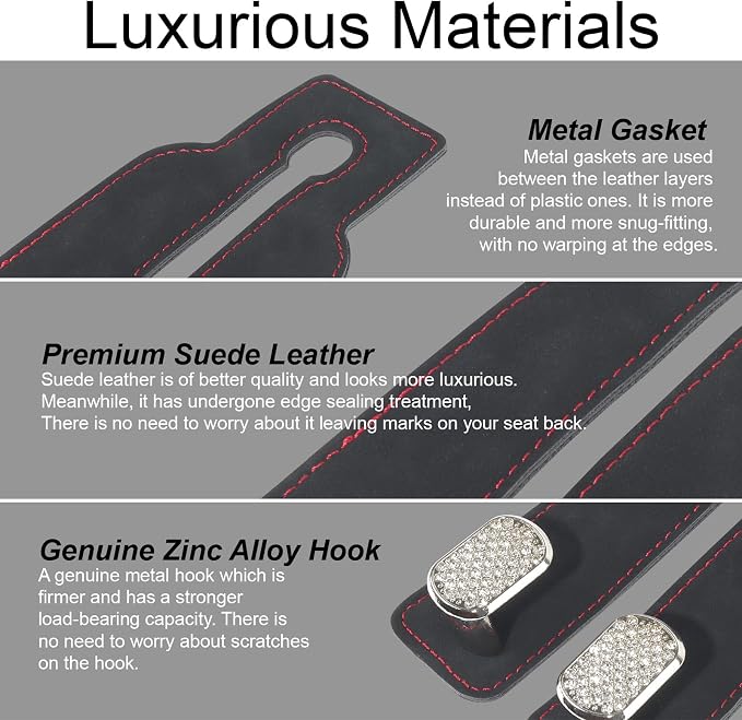 Car Seat Hooks for Headrest, Purse Hook & Back Storage Hook, Zinc Alloy & Suede Material Heavy Duty Car Hooks for Purses and Bags,Universal Fit for Most Vehicles (Black Bling Diamond-2 Pack)