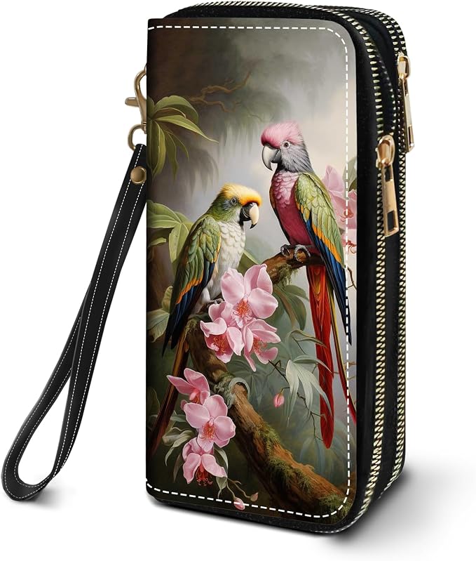 Women's Large Capacity Wallet PU Leather Double Zipper Clutch Purse Multifunctional Wallet with Removable Wristlet Strap for Smart Phone/Coin/Card/Cash, Parrot