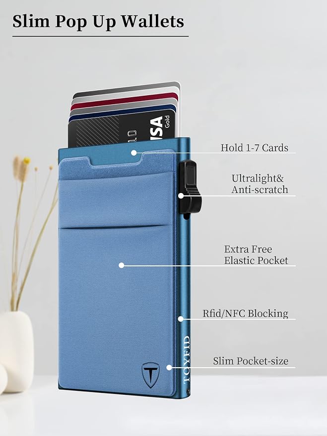 TOYFID Pop Up Credit Card Wallet for Men - Metal Slim Minimalist Cards Holder with Money Pocket - RFID Blocking Ultralight Small Aluminum Wallet