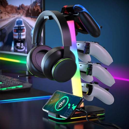 Gaming Headphones Stand with Charging Station, RGB Headset Stand with 10 Light Modes, 4 Controller Holder with 1 USB & 2 Type-C Charging Ports - Earphone Hook for PC Desktop Gamer Accessories Storage