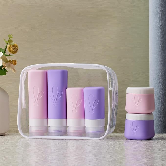 INSFIT travel bottles for toiletries 6 Pack, Leak proof Travel Size Toiletries Containers with toiletry bag, Squeezable Silicone Bottles & Cream Jars, Travel Essentials BPA-Free set for Shampoo