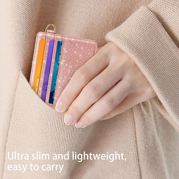 Slim Minimalist Front Pocket RFID Blocking Credit Card Holder Small Wallet Cute Card Cases for Women,Glitter Rose Gold