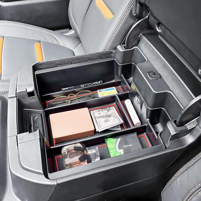 Center Console Organizer Compatible with 2019-2022 Chevy Silverado/Sierra 1500 and 2020-2023 Silverado/Sierra 2500HD 3500HD Accessories Armrest Full Size Tray,Full Console w/Bucket Seats ONLY,Red