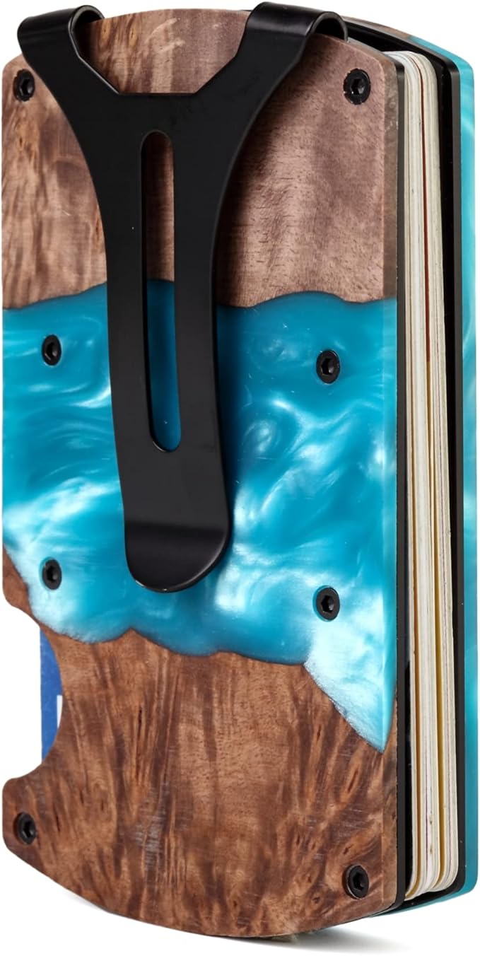 Slim Wallet for Men,RFID Blocking Minimalist Metal Wallet, Money Clip/Cash Holder, Front Pocket Aluminum Credit Card Holder, Ideal Gift for Men,Resin Light Blue-Wood