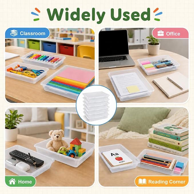 12 Pack Flat Storage Paper Tray with Clear Latching Lid Letter Size Organizer Bin Tray Plastic Latching File Organizer for Classroom Library School Office Teacher Desktop Book Organization (Clear)